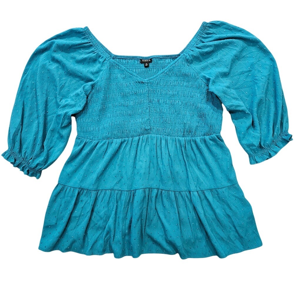 Torrid 2 Teal Blue Smocked Peasant Dot Tiered Babydoll Top 2XL‎ Boho Flowy